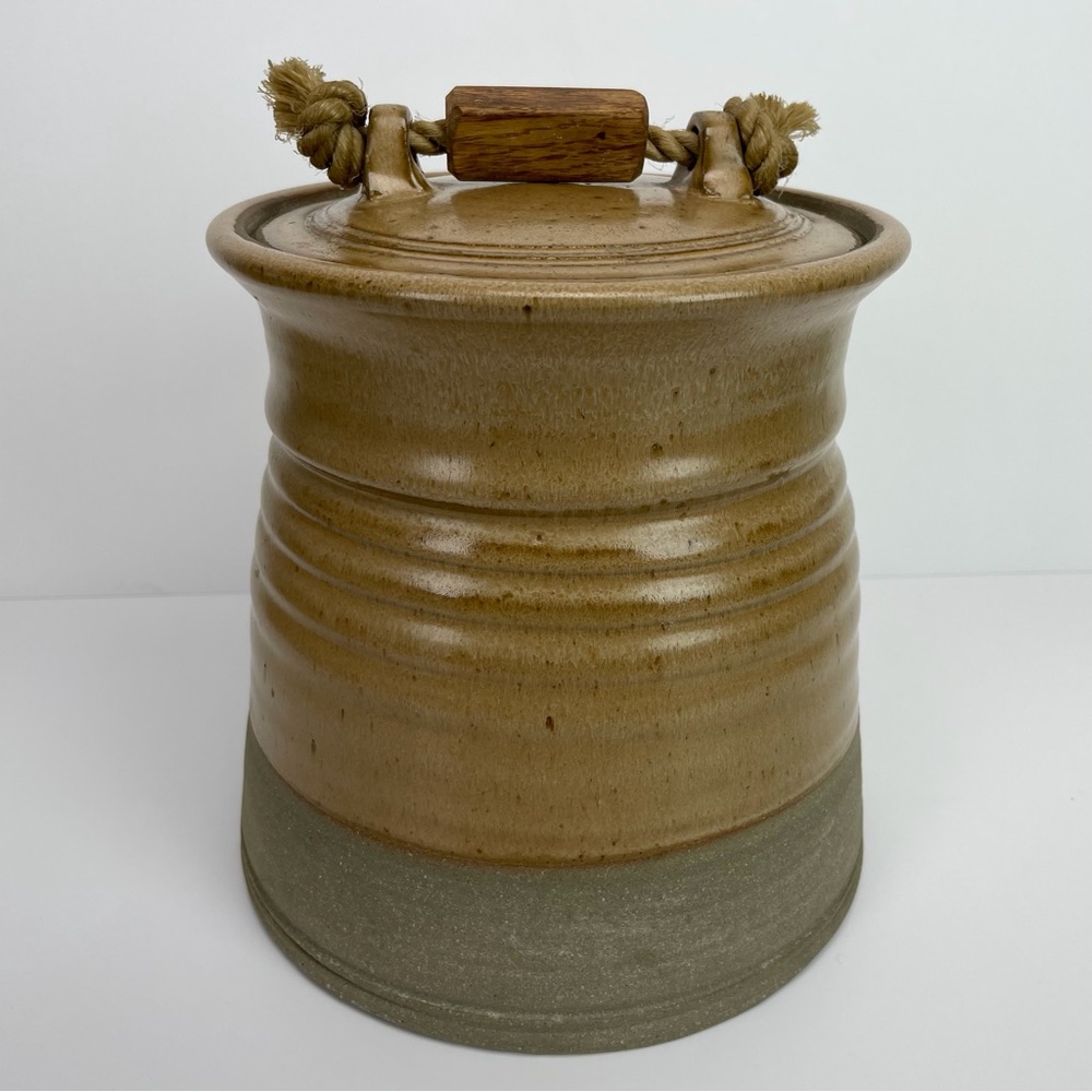 Art Pottery Stoneware Canister Hand Thrown with Lid Wood & Rope Handle Vintage